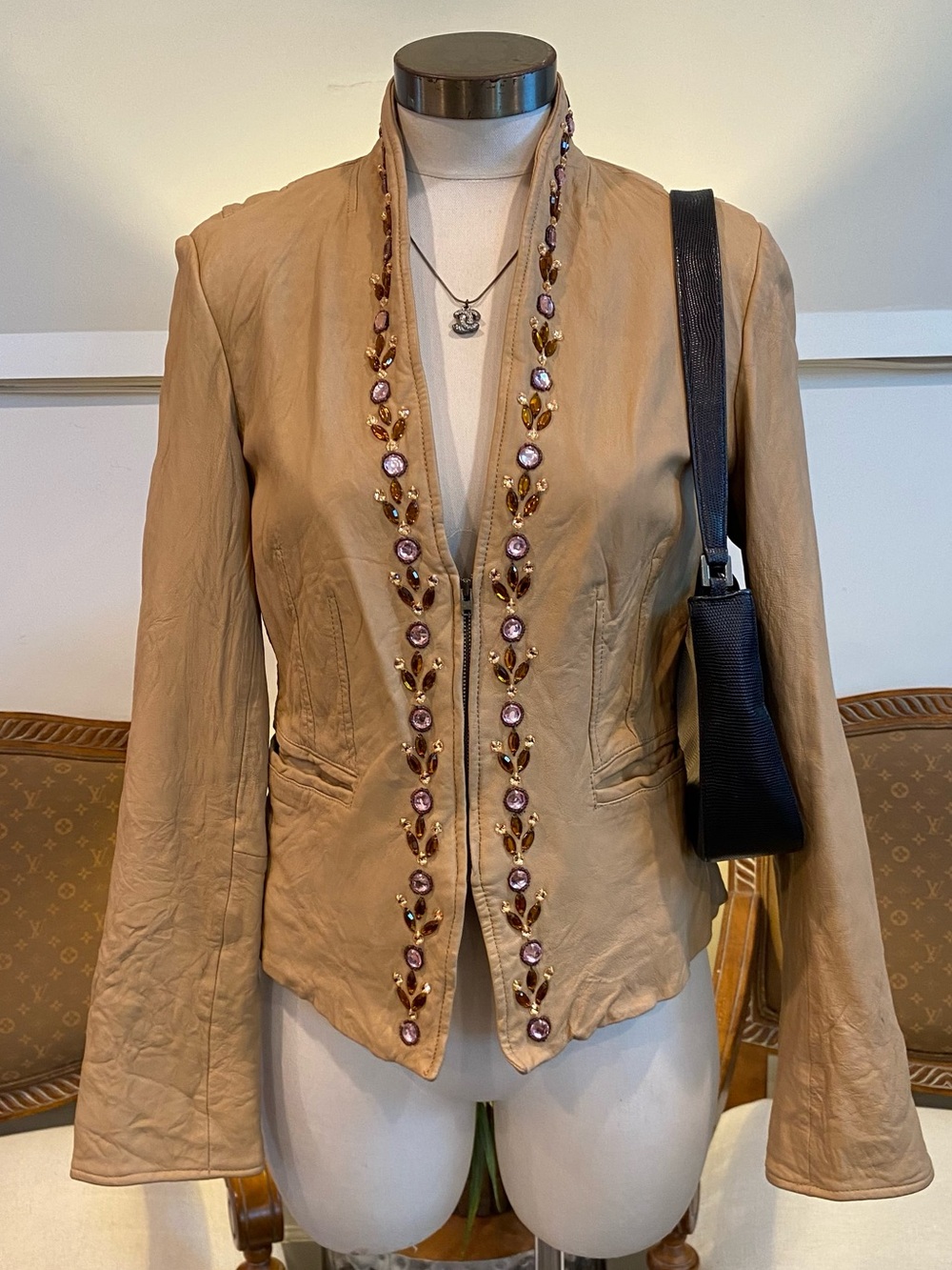 Vintage 90s Tan Leather Cropped Jacket with Rhinestone Embellishments Size Med.